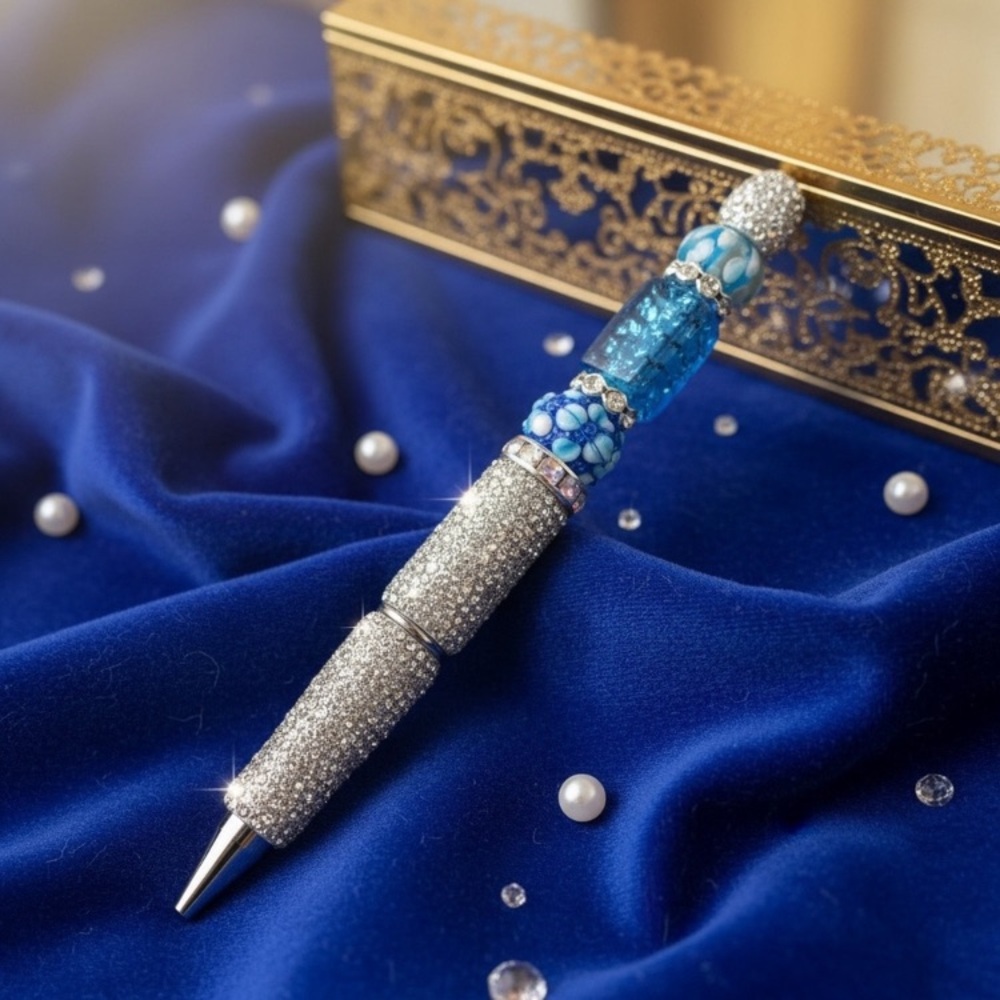 Handcrafted Lampwork Glass Beaded Pen with Silver Accents